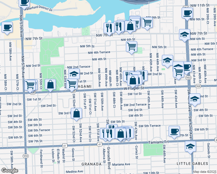 map of restaurants, bars, coffee shops, grocery stores, and more near 10 Northwest 48th Place in Miami