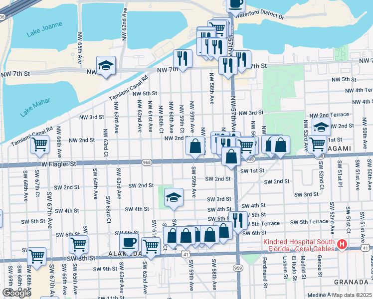 map of restaurants, bars, coffee shops, grocery stores, and more near 41 Northwest 59th Court in Miami