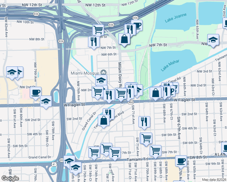 map of restaurants, bars, coffee shops, grocery stores, and more near 70 Northwest Drive in Miami
