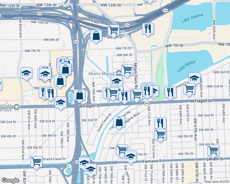 map of restaurants, bars, coffee shops, grocery stores, and more near 77 Northwest 74th Avenue in Miami