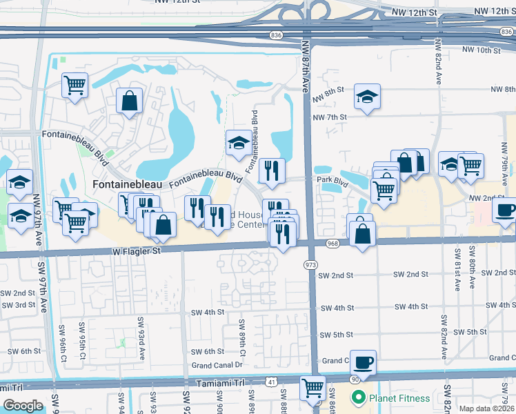 map of restaurants, bars, coffee shops, grocery stores, and more near 2728 Fontainebleau Boulevard in Miami