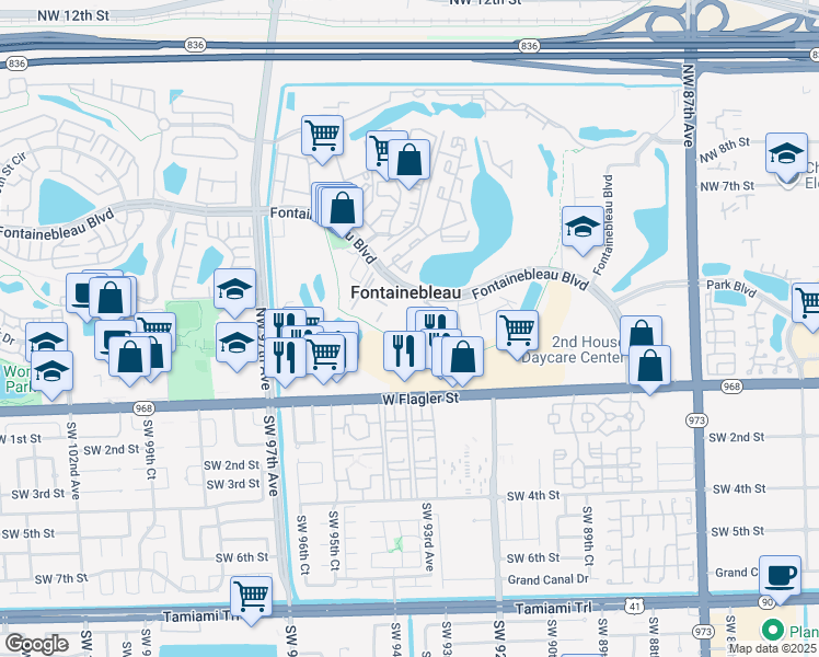 map of restaurants, bars, coffee shops, grocery stores, and more near 9320 Fontainebleau Boulevard in Miami