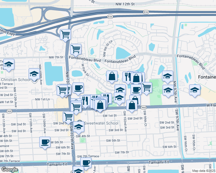 map of restaurants, bars, coffee shops, grocery stores, and more near 219 West Park Drive in Miami
