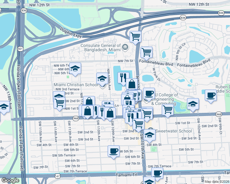 map of restaurants, bars, coffee shops, grocery stores, and more near 305 Northwest 109th Avenue in Miami