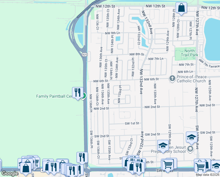 map of restaurants, bars, coffee shops, grocery stores, and more near 432 Northwest 134th Court in Miami