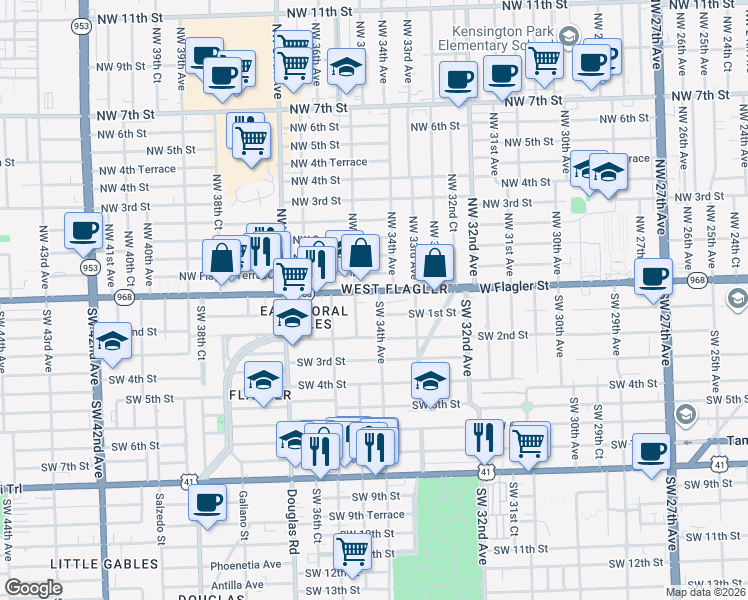 map of restaurants, bars, coffee shops, grocery stores, and more near 20 Southwest 34th Avenue in Miami