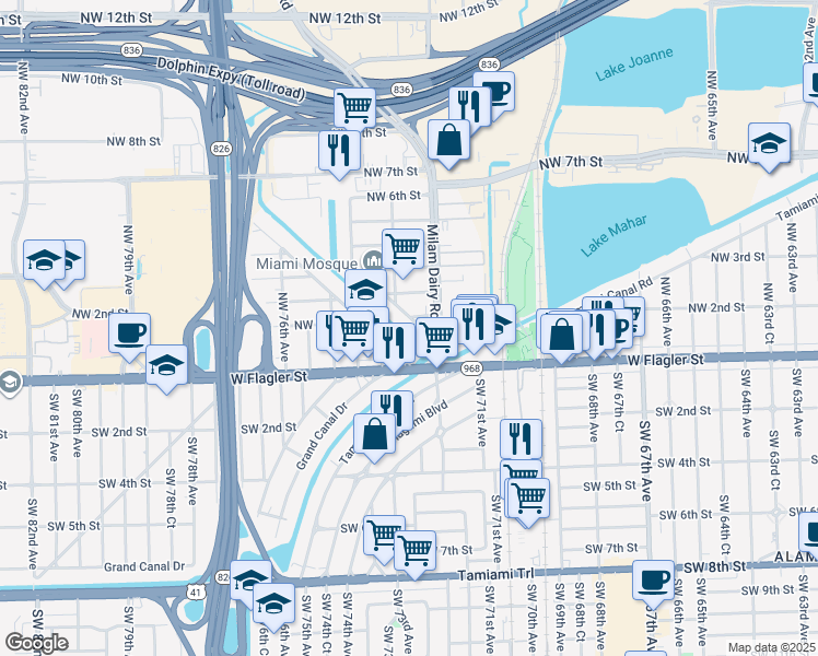 map of restaurants, bars, coffee shops, grocery stores, and more near 70 Northwest Drive in Miami