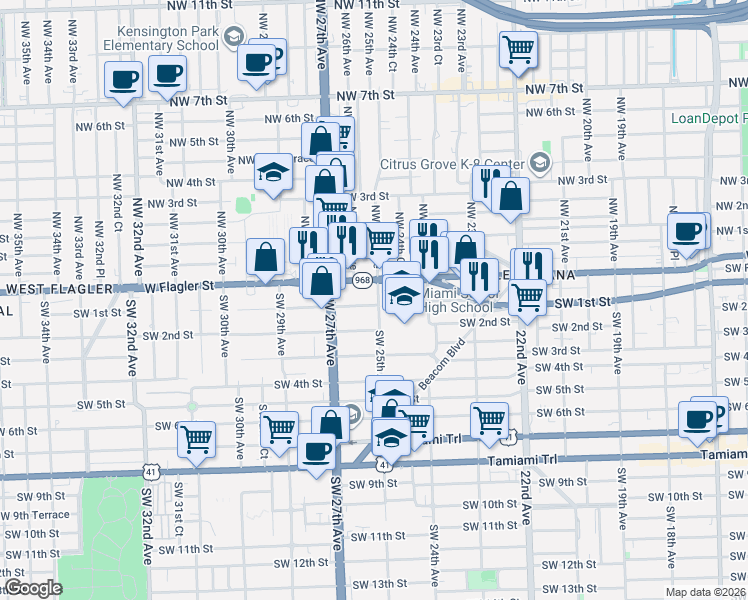 map of restaurants, bars, coffee shops, grocery stores, and more near 5 Southwest 25th Avenue in Miami