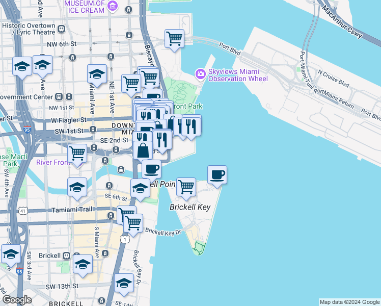 map of restaurants, bars, coffee shops, grocery stores, and more near 325 South Biscayne Boulevard in Miami