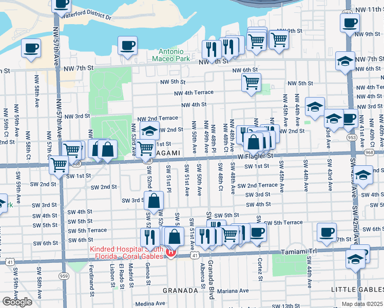 map of restaurants, bars, coffee shops, grocery stores, and more near 20 Northwest 50th Avenue in Miami