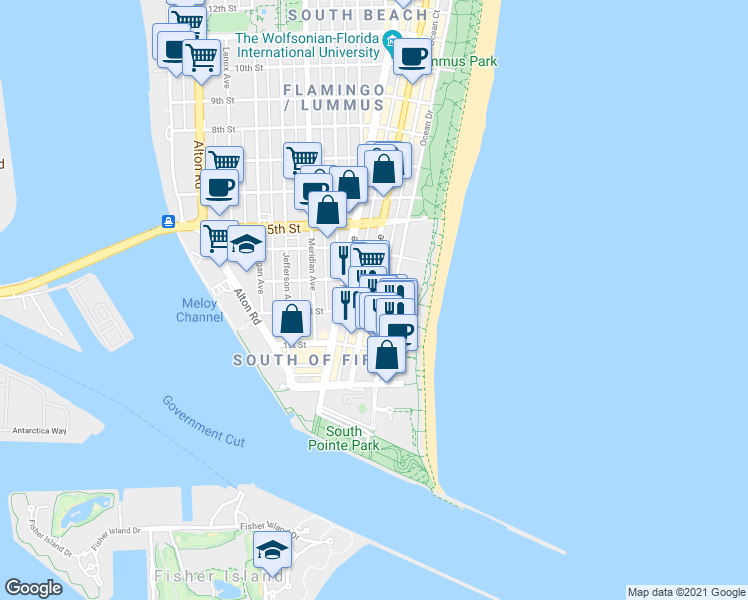 map of restaurants, bars, coffee shops, grocery stores, and more near 226 Ocean Court in Miami Beach
