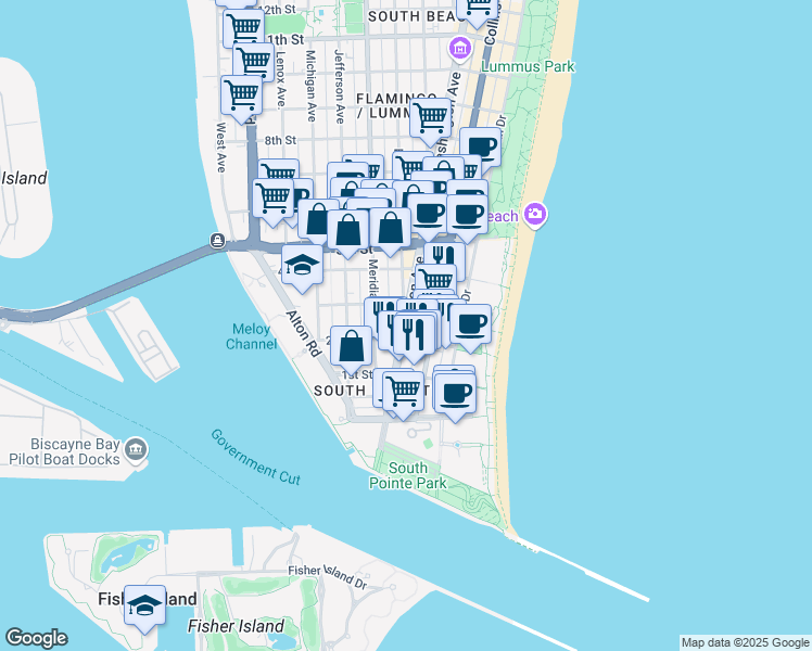 map of restaurants, bars, coffee shops, grocery stores, and more near 227 Washington Avenue in Miami Beach