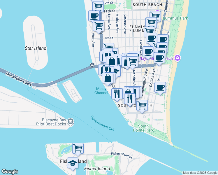 map of restaurants, bars, coffee shops, grocery stores, and more near 200 Alton Road in Miami Beach