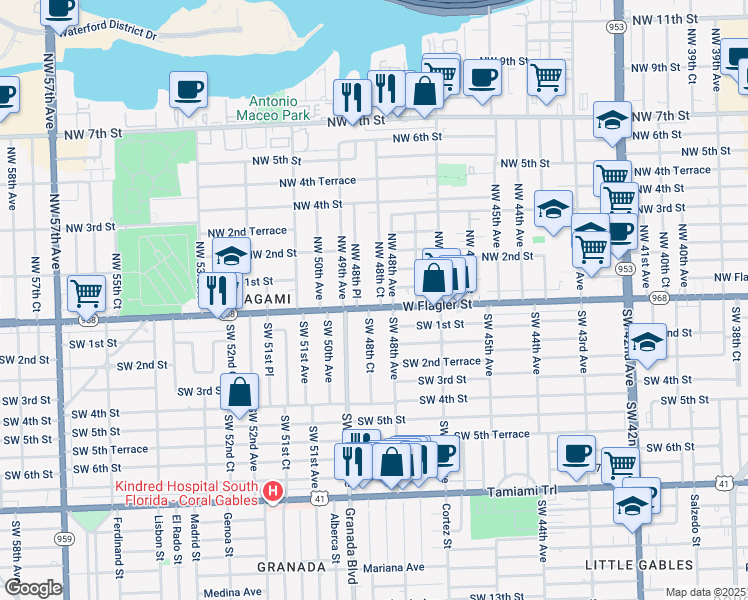 map of restaurants, bars, coffee shops, grocery stores, and more near 3 Northwest 48th Court in Miami