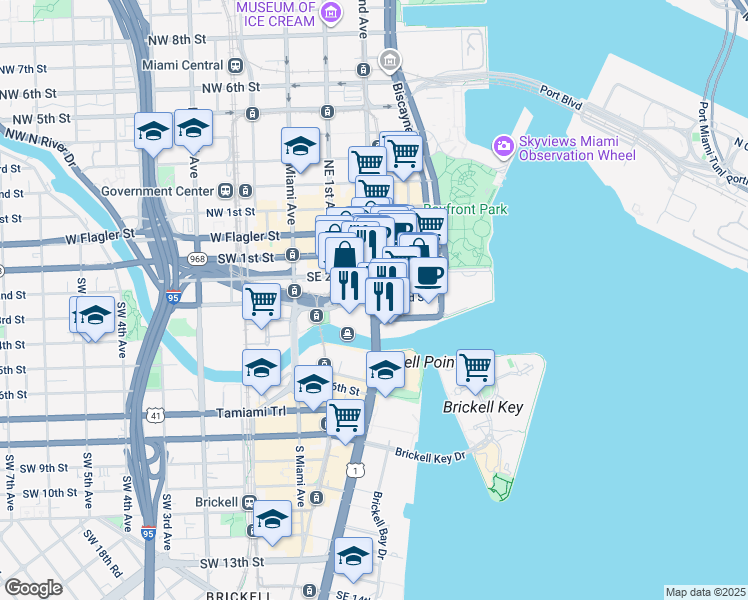 map of restaurants, bars, coffee shops, grocery stores, and more near 355 Southeast 2nd Avenue in Miami