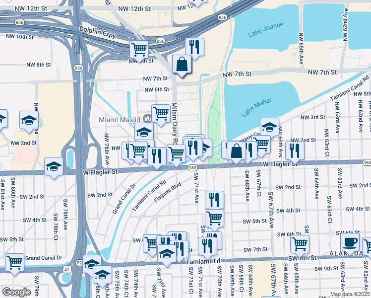 map of restaurants, bars, coffee shops, grocery stores, and more near 7177 Northwest 1st Terrace in Miami