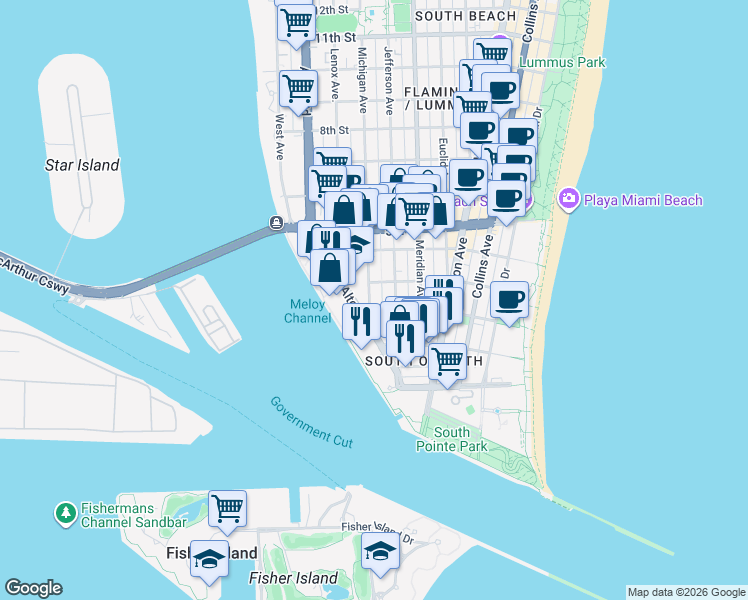 map of restaurants, bars, coffee shops, grocery stores, and more near in Miami Beach