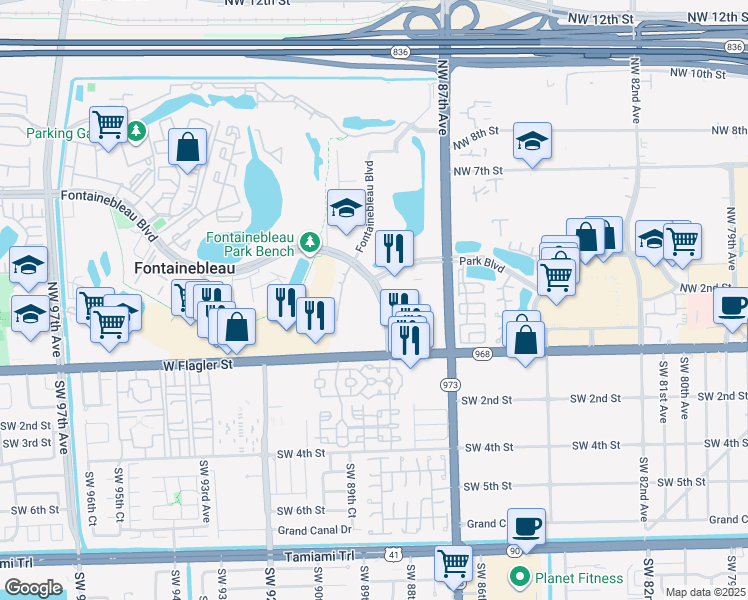 map of restaurants, bars, coffee shops, grocery stores, and more near 2728 Fontainebleau Boulevard in Miami