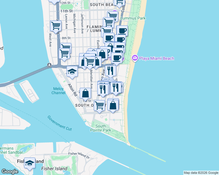map of restaurants, bars, coffee shops, grocery stores, and more near 226 Ocean Court in Miami Beach