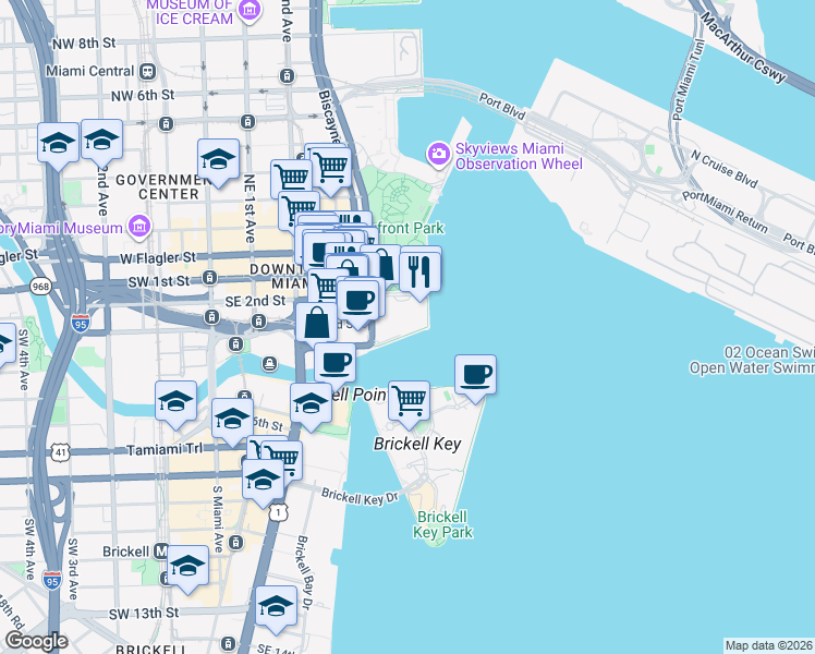 map of restaurants, bars, coffee shops, grocery stores, and more near 325 South Biscayne Boulevard in Miami