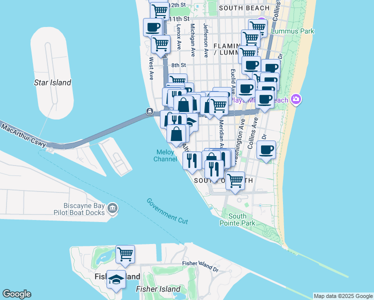map of restaurants, bars, coffee shops, grocery stores, and more near 232 Alton Road in Miami Beach