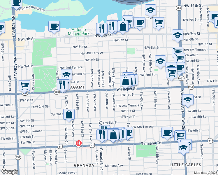 map of restaurants, bars, coffee shops, grocery stores, and more near 3 Northwest 48th Court in Miami