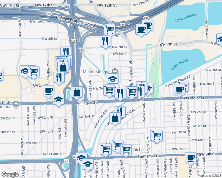 map of restaurants, bars, coffee shops, grocery stores, and more near 77 Northwest 74th Avenue in Miami