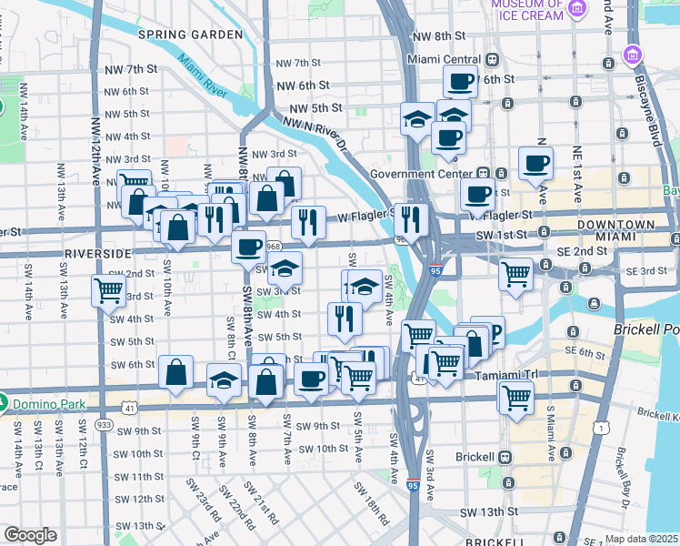 map of restaurants, bars, coffee shops, grocery stores, and more near 536 Southwest 2nd Street in Miami