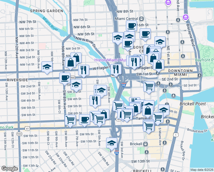 map of restaurants, bars, coffee shops, grocery stores, and more near 351 Southwest 4th Avenue in Miami