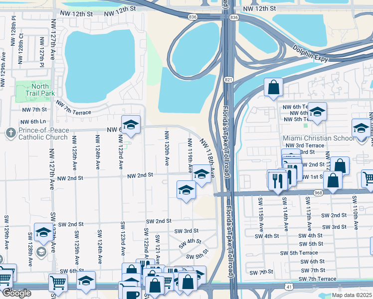 map of restaurants, bars, coffee shops, grocery stores, and more near 360 Northwest 119th Avenue in Miami
