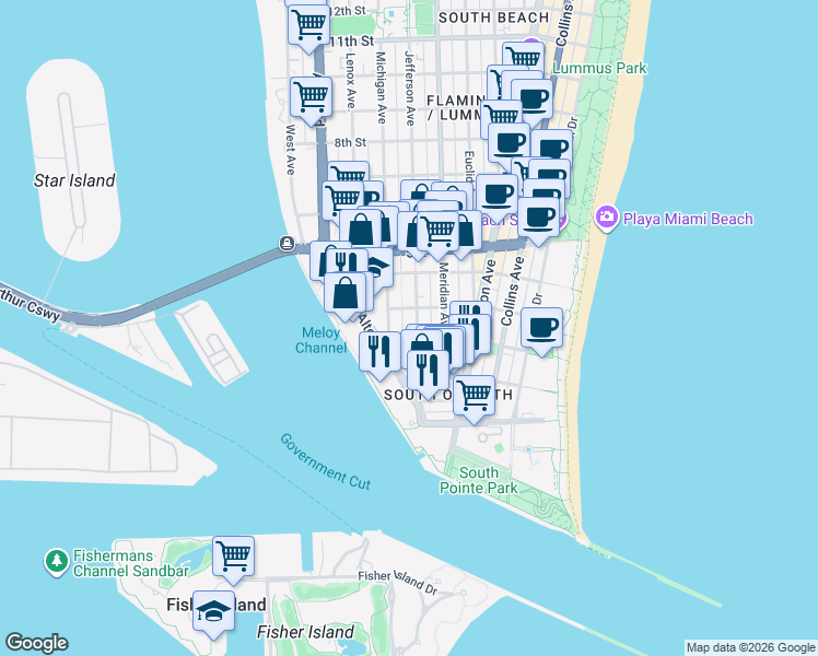 map of restaurants, bars, coffee shops, grocery stores, and more near 226 Jefferson Avenue in Miami Beach