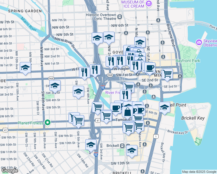 map of restaurants, bars, coffee shops, grocery stores, and more near in Miami
