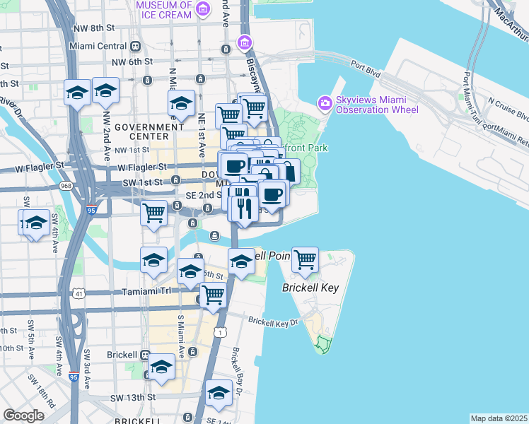 map of restaurants, bars, coffee shops, grocery stores, and more near 340 Southeast 3rd Street in Miami