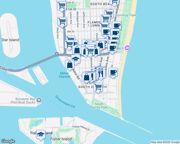 map of restaurants, bars, coffee shops, grocery stores, and more near 224 Meridian Avenue in Miami Beach