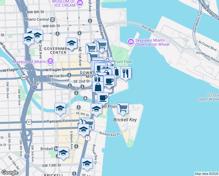 map of restaurants, bars, coffee shops, grocery stores, and more near 300 South Biscayne Boulevard in Miami