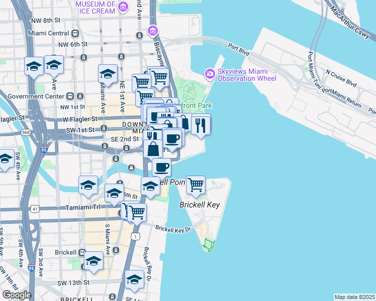 map of restaurants, bars, coffee shops, grocery stores, and more near 405 South Biscayne Boulevard in Miami