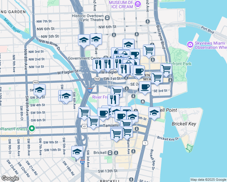 map of restaurants, bars, coffee shops, grocery stores, and more near 251 Southwest 1st Street in Miami