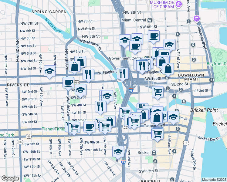 map of restaurants, bars, coffee shops, grocery stores, and more near 351 Southwest 4th Avenue in Miami