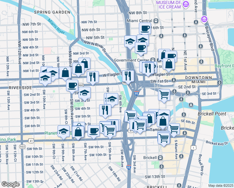 map of restaurants, bars, coffee shops, grocery stores, and more near 444 Southwest 2nd Street in Miami