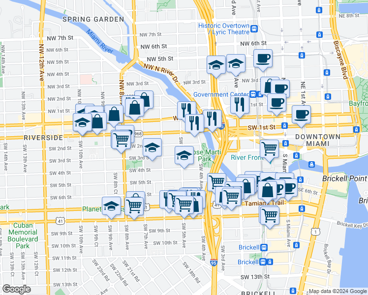 map of restaurants, bars, coffee shops, grocery stores, and more near 444 Southwest 2nd Street in Miami