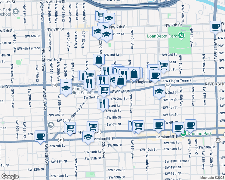 map of restaurants, bars, coffee shops, grocery stores, and more near 2093 Southwest 1st Street in Miami