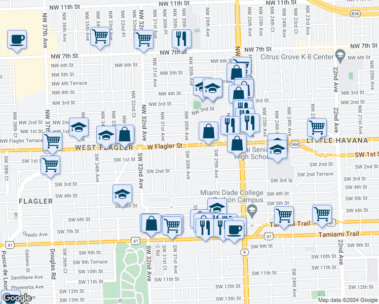 map of restaurants, bars, coffee shops, grocery stores, and more near 70 Southwest 30th Avenue in Miami