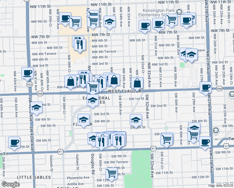 map of restaurants, bars, coffee shops, grocery stores, and more near 38 Southwest 34th Avenue in Miami