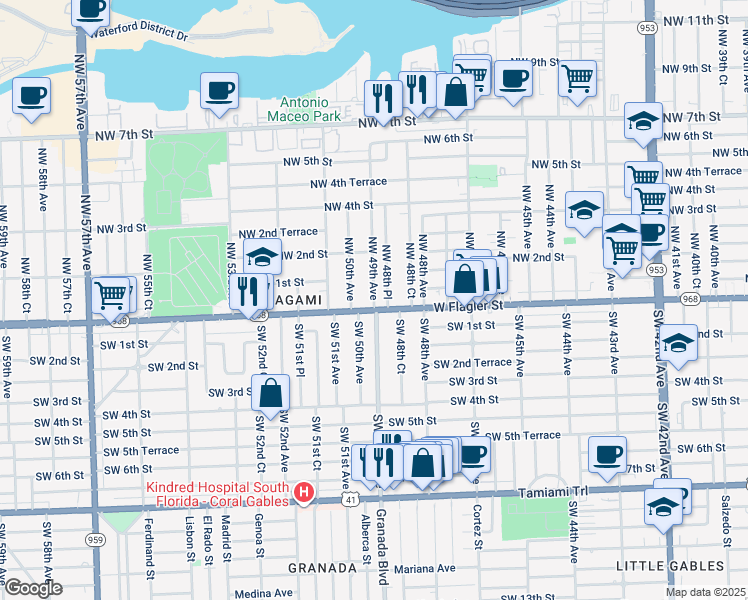 map of restaurants, bars, coffee shops, grocery stores, and more near 10 Northwest 48th Place in Miami