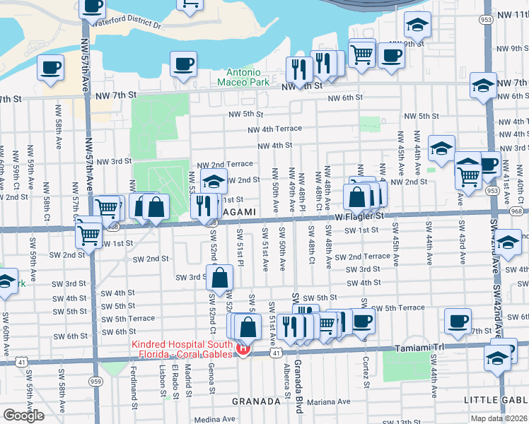 map of restaurants, bars, coffee shops, grocery stores, and more near 20 Northwest 50th Avenue in Miami