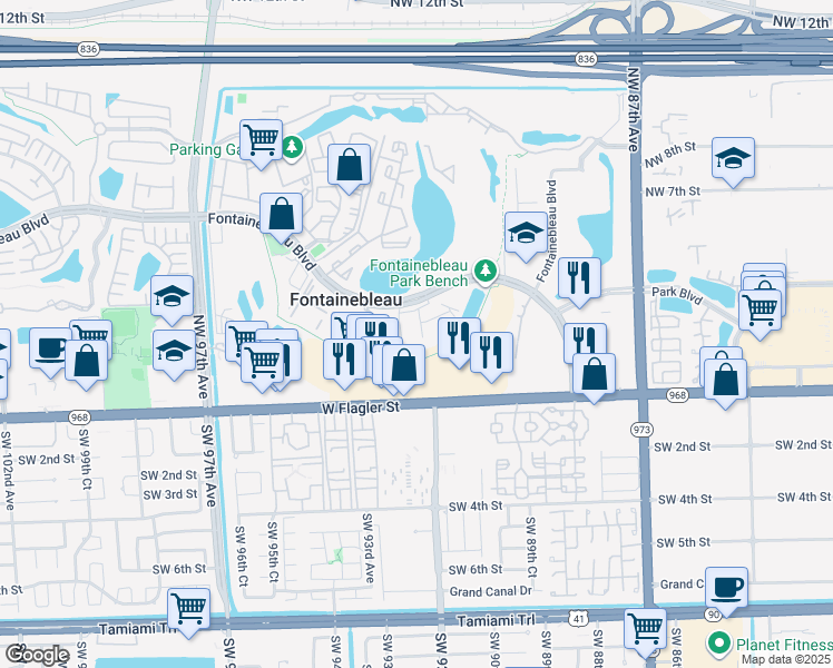 map of restaurants, bars, coffee shops, grocery stores, and more near 9220 Fontainebleau Boulevard in Miami