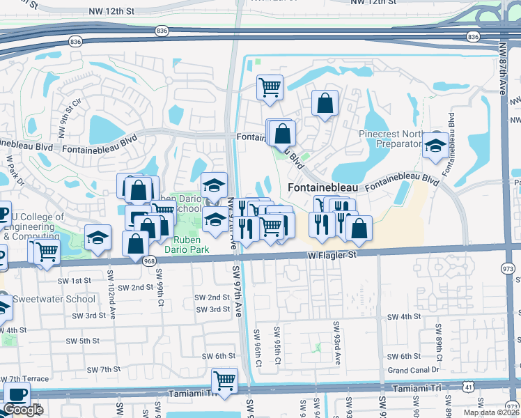 map of restaurants, bars, coffee shops, grocery stores, and more near 161 Northwest 97th Avenue in Miami