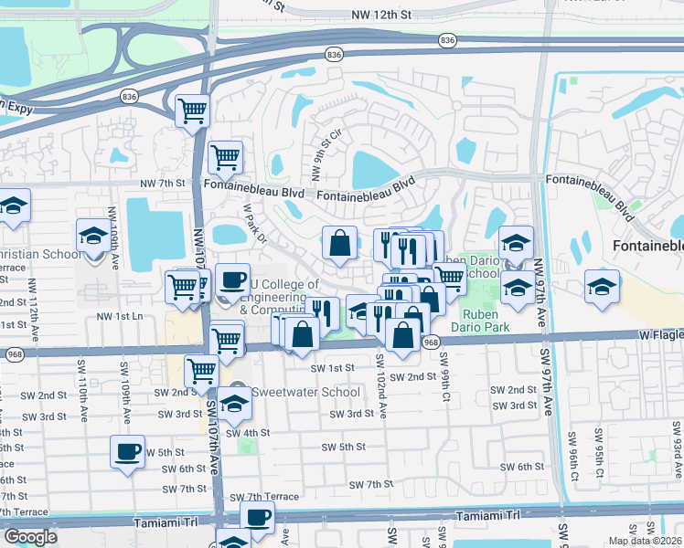 map of restaurants, bars, coffee shops, grocery stores, and more near 251 West Park Drive in Miami
