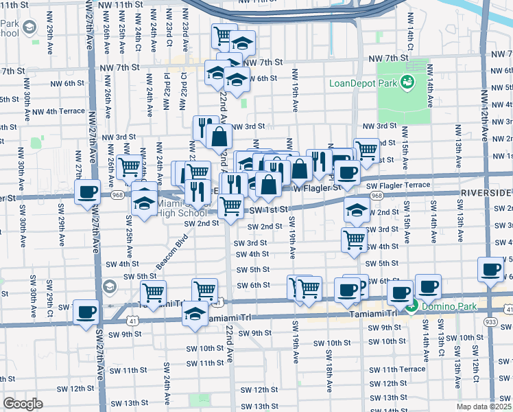 map of restaurants, bars, coffee shops, grocery stores, and more near 2093 Southwest 1st Street in Miami