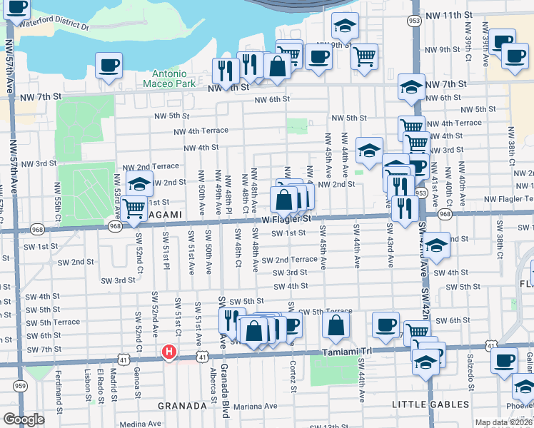map of restaurants, bars, coffee shops, grocery stores, and more near 4740 Florida 968 in Miami